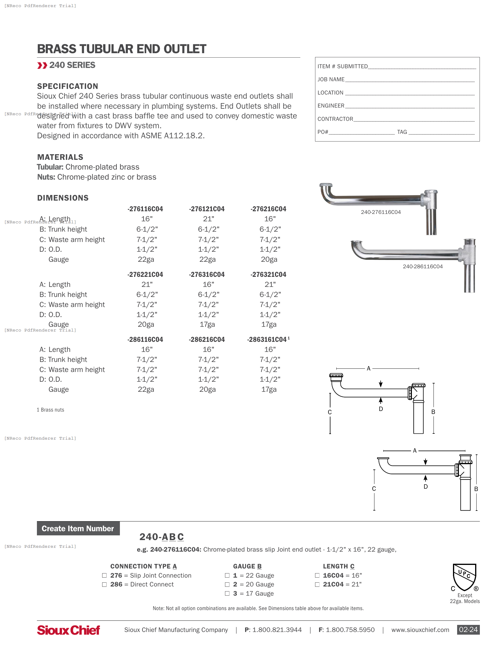 240 SERIES - BRASS END OUTLET - SPEC SHEET.PDF Specification Document